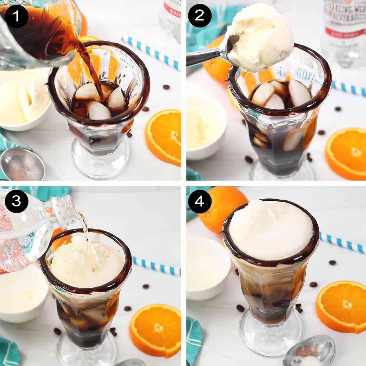 overhead shot of a variety of cold brew coffee floats with different toppings