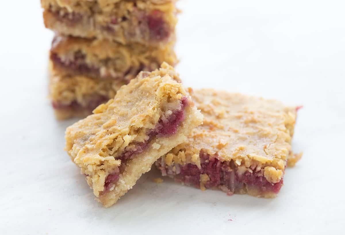 close up of low carb raspberry coconut bar