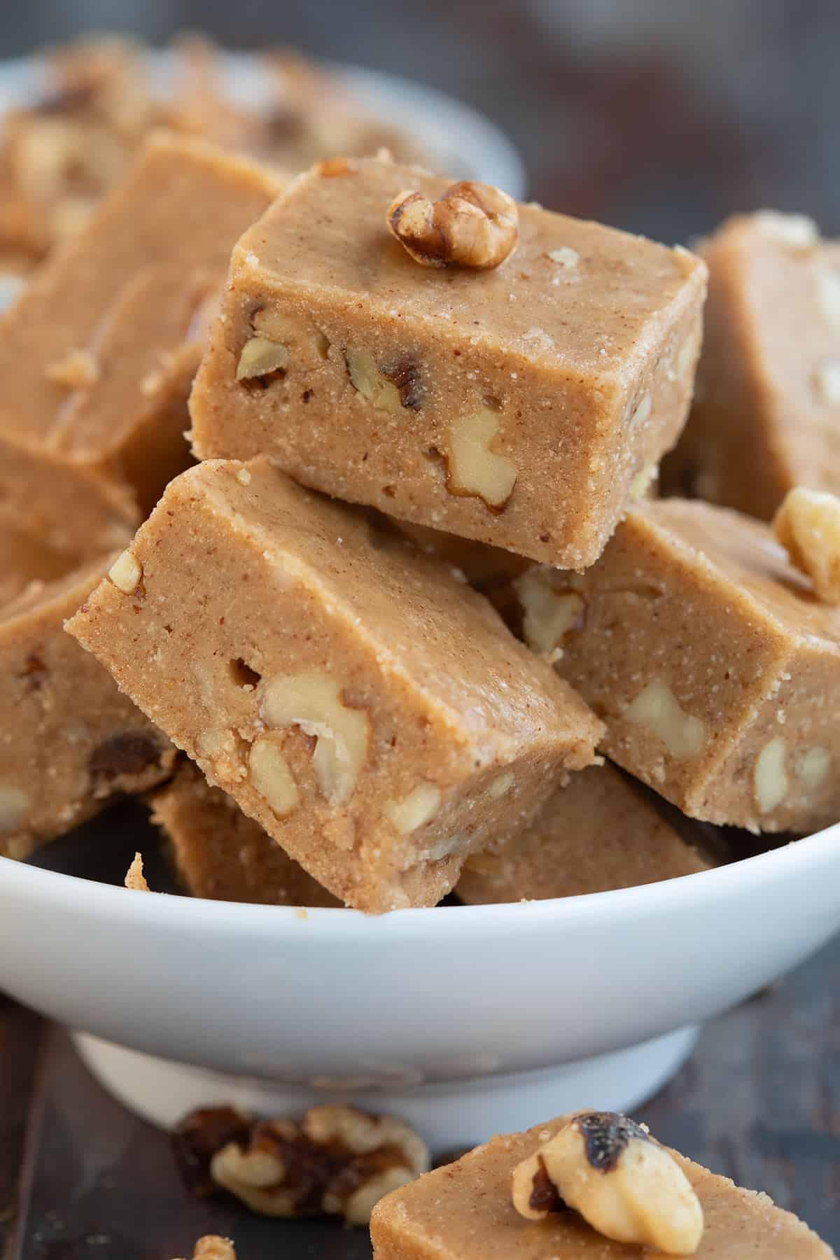 close-up shot of sugar-free maple walnut fudge squares
