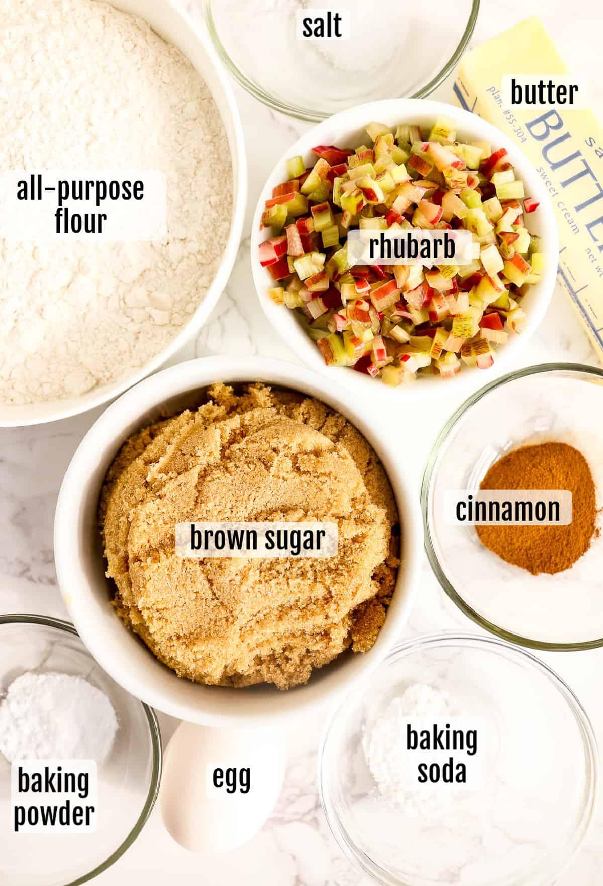 Ingredients for rhubarb protein cookies arranged on a table