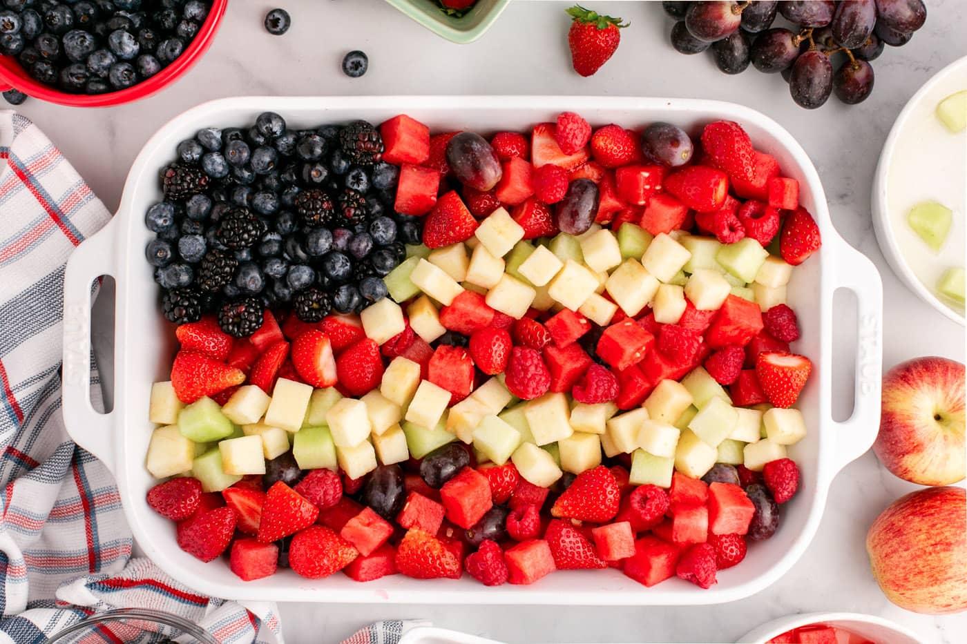 overhead shot of red white and blue berry platter