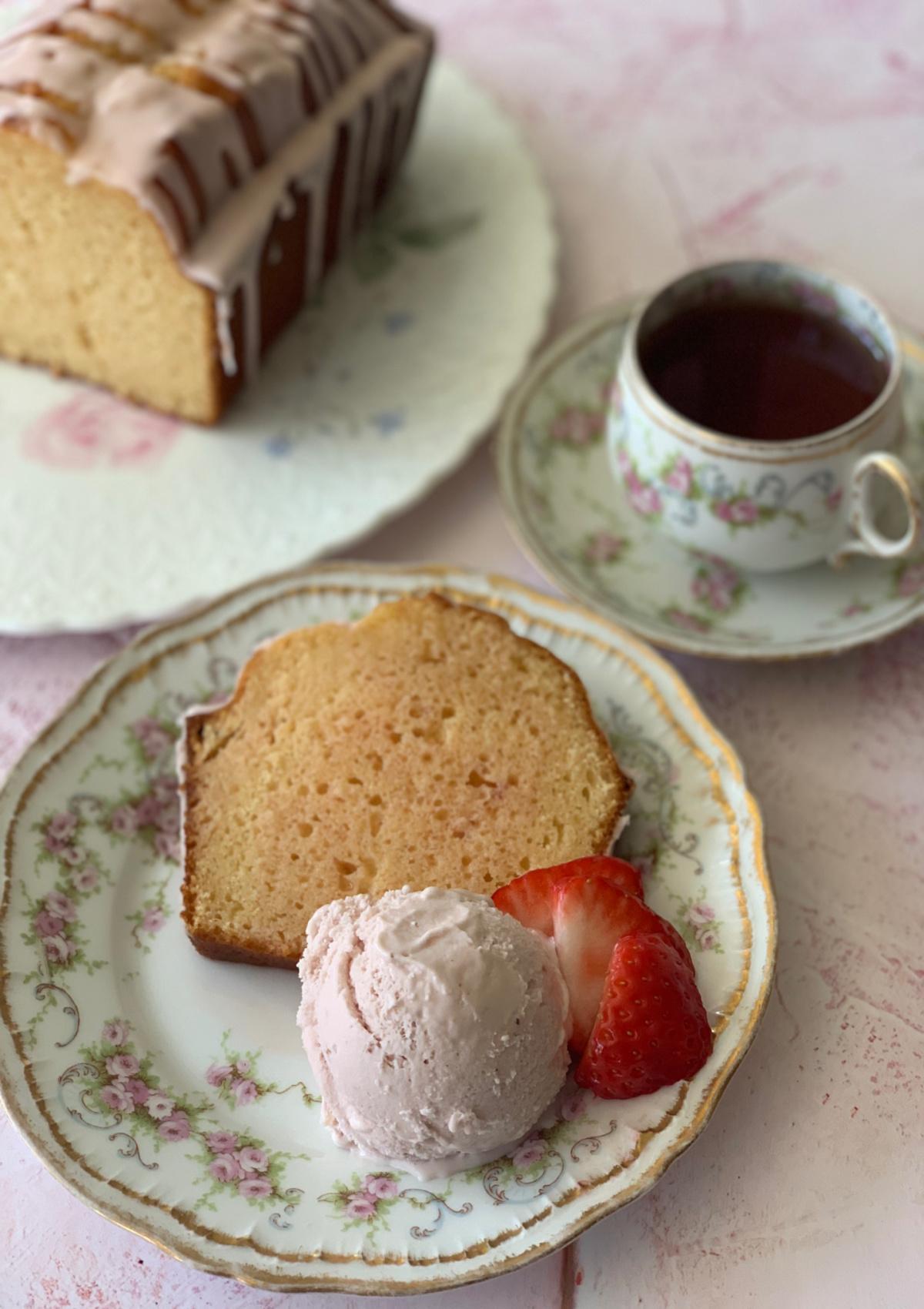 Rhubarb and ginger loaf cake with a scoop of vanilla ice cream