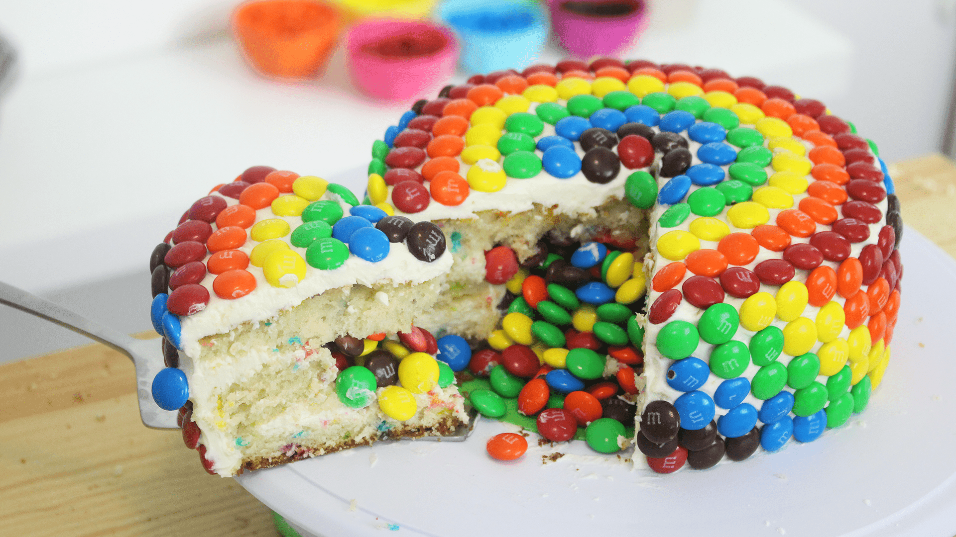 vanilla birthday cake with M&M surprise