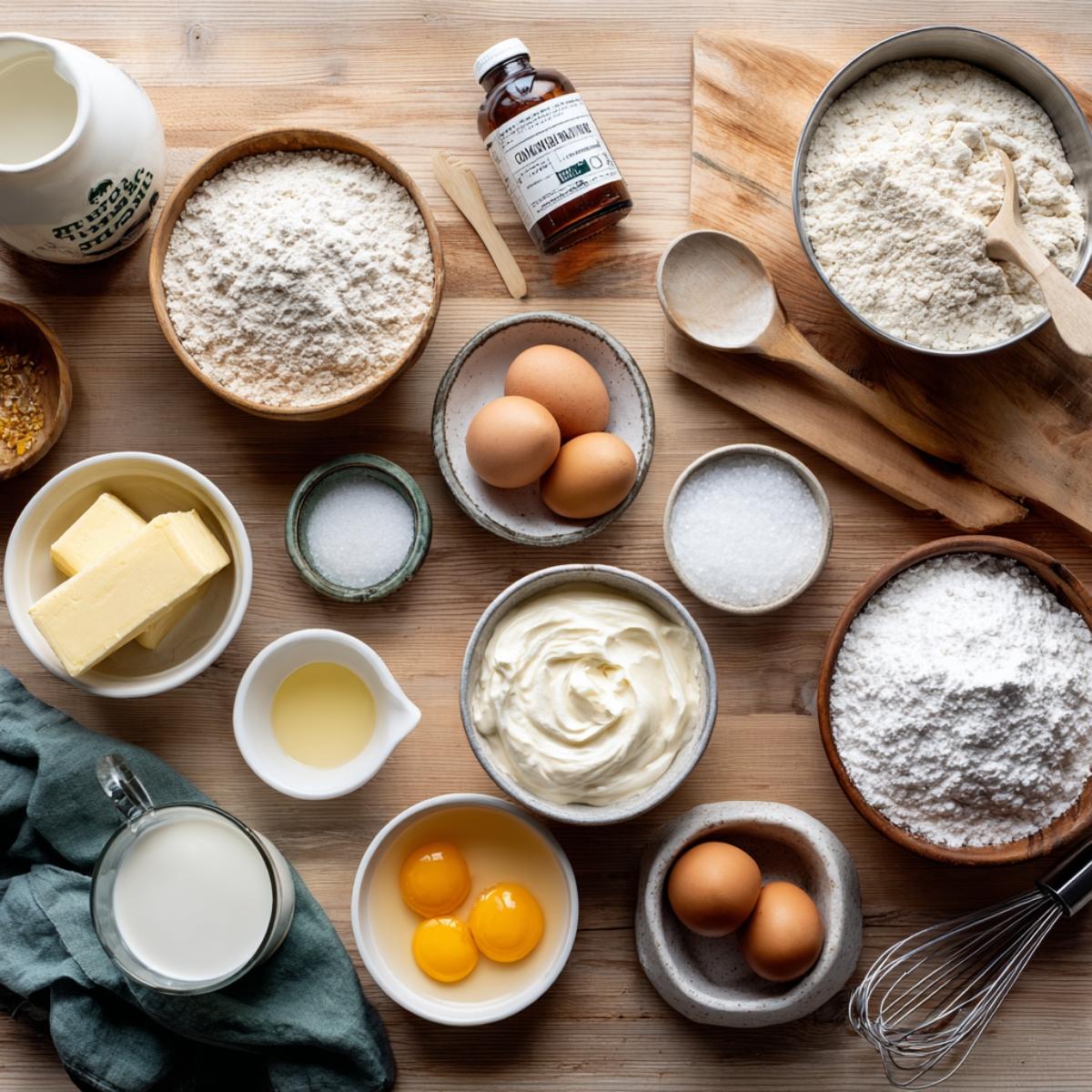 ingredients for vanilla cake arranged on a wooden table