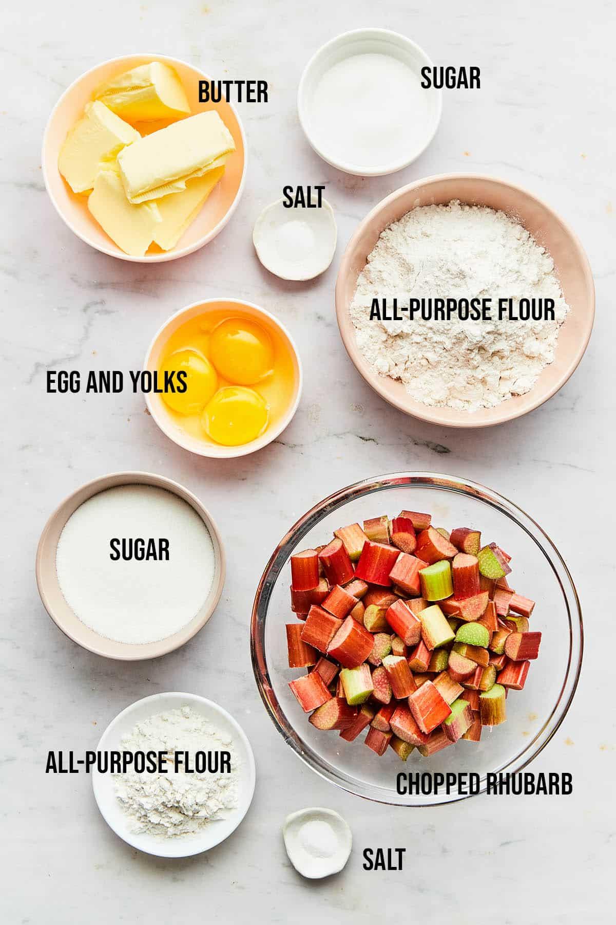 ingredients for dolcetto rhubarb custard arranged on a kitchen counter