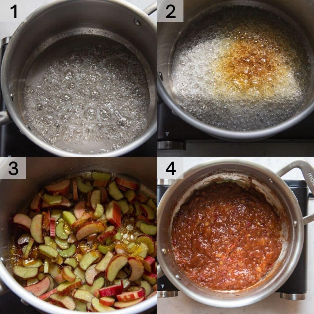 close-up shot of brown sugar rhubarb caramel simmering in a saucepan