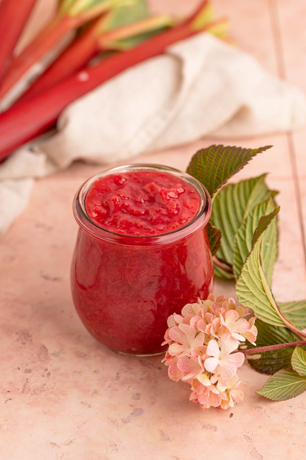 a jar of Citrus Burst Rhubarb Compote next to fresh rhubarb stalks, lemons, oranges, and grapefruits, showcasing the fresh ingredients