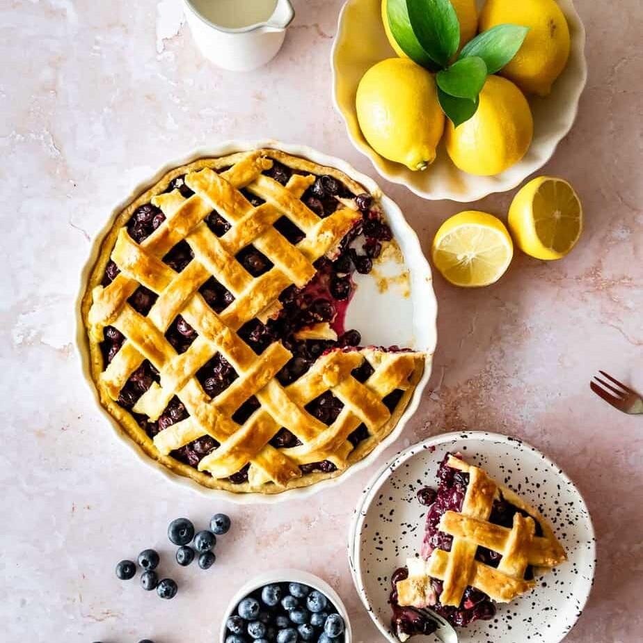 close-up shot of the pear and blueberry filling, showing the juicy fruit and the lemon zest