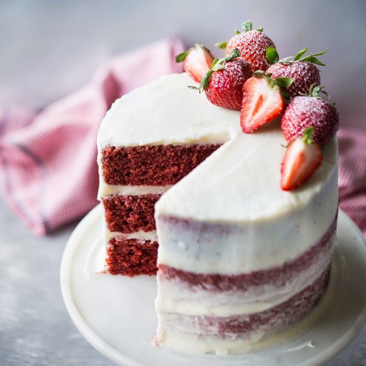 layered red velvet cake with cream cheese frosting