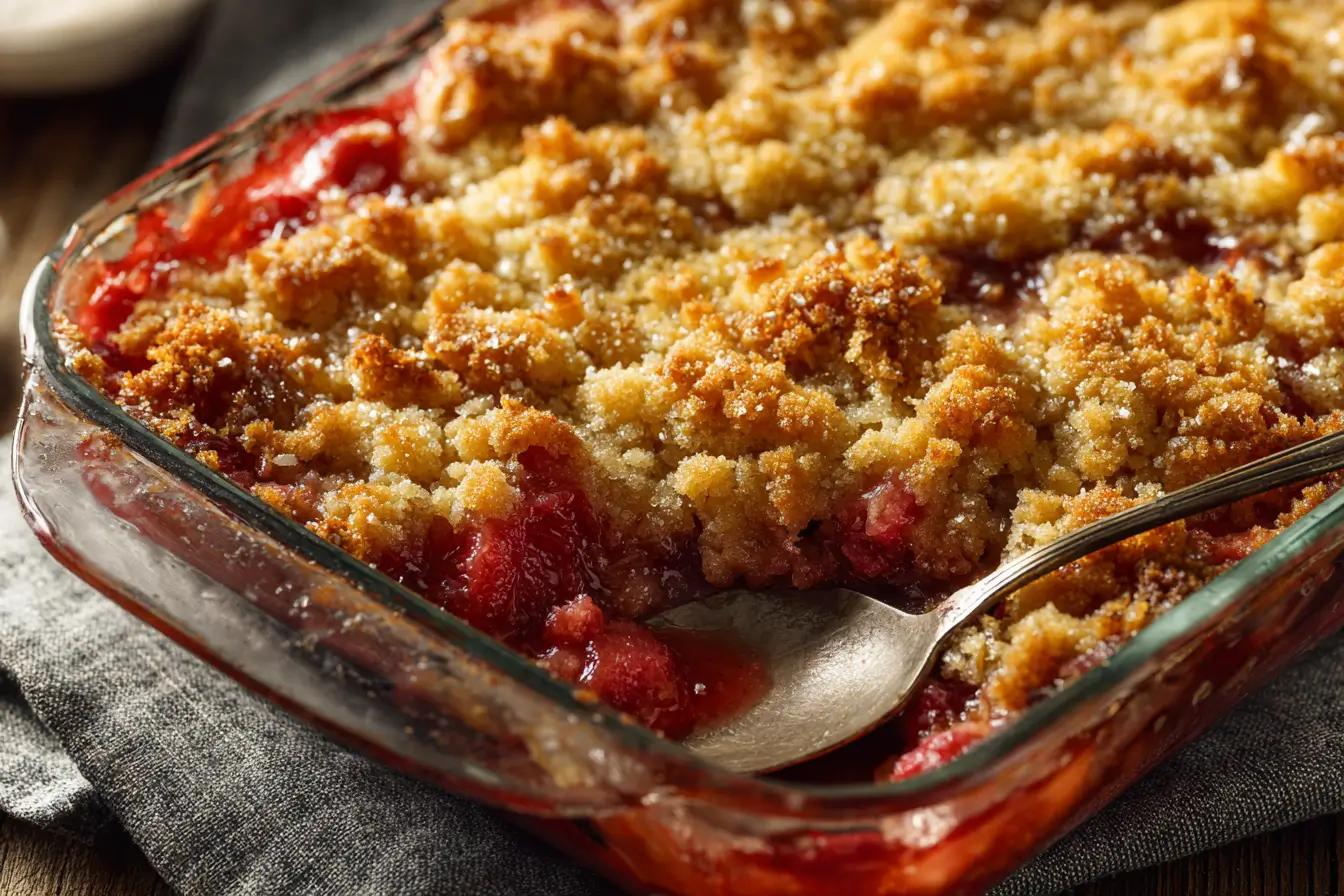 Rhubarb dump cake fresh out of the oven