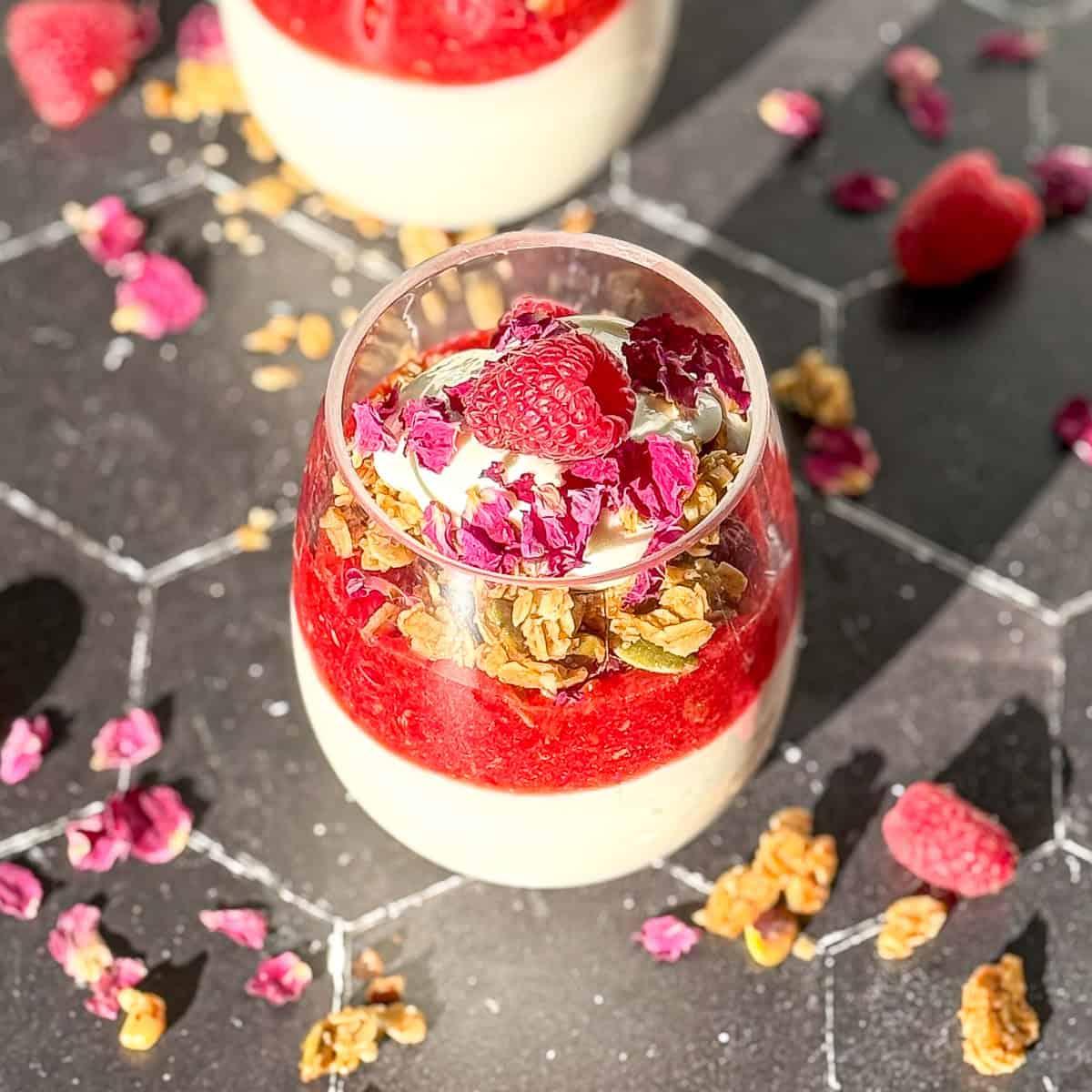 finished raspberry rose hibiscus parfait with rose petals
