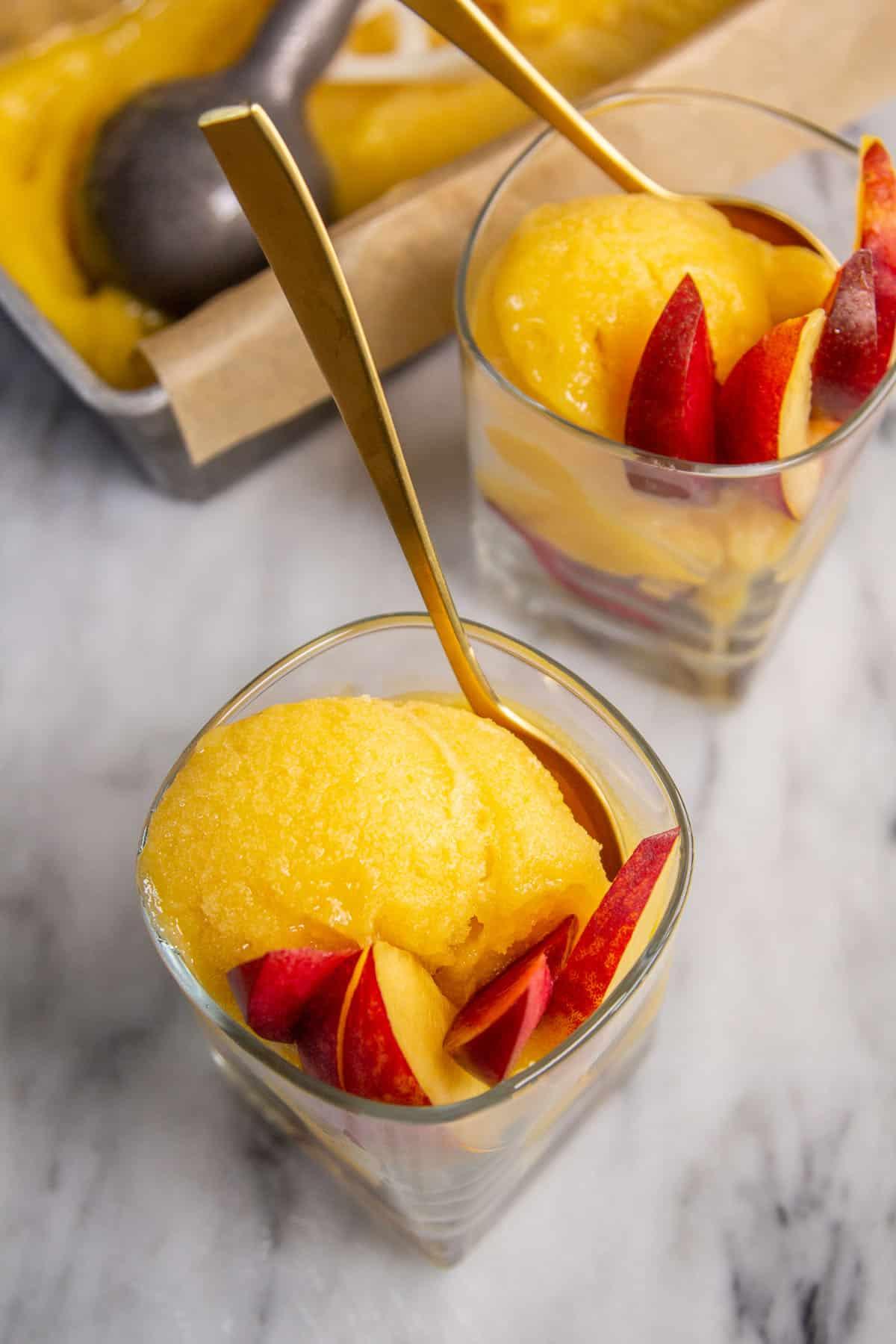 summer sorbet with slices of fresh fruits on top