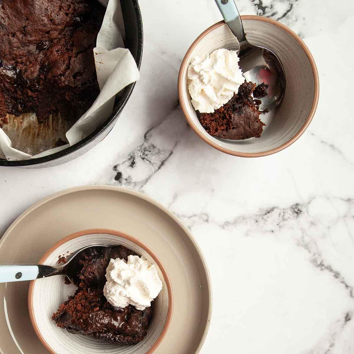 dutch oven chocolate cake being served