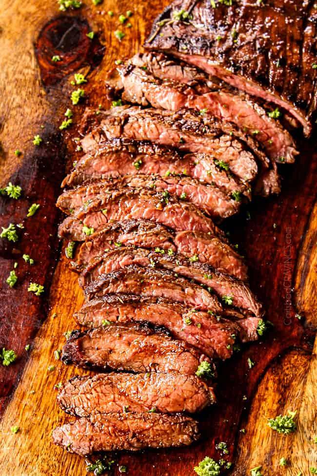 close-up shot of sliced sweet and tangy flank steak