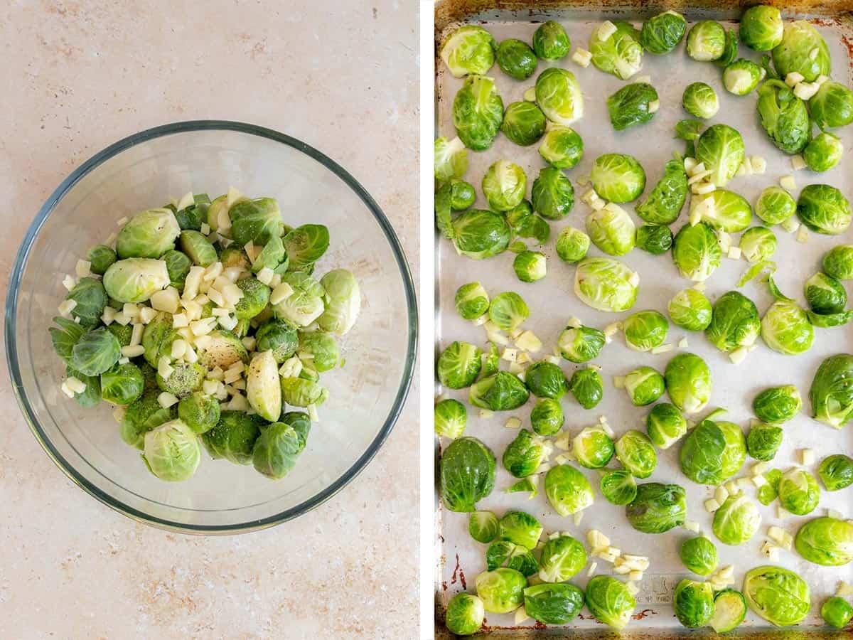 close up of someone mixing brussels sprouts with umeboshi paste in a bowl