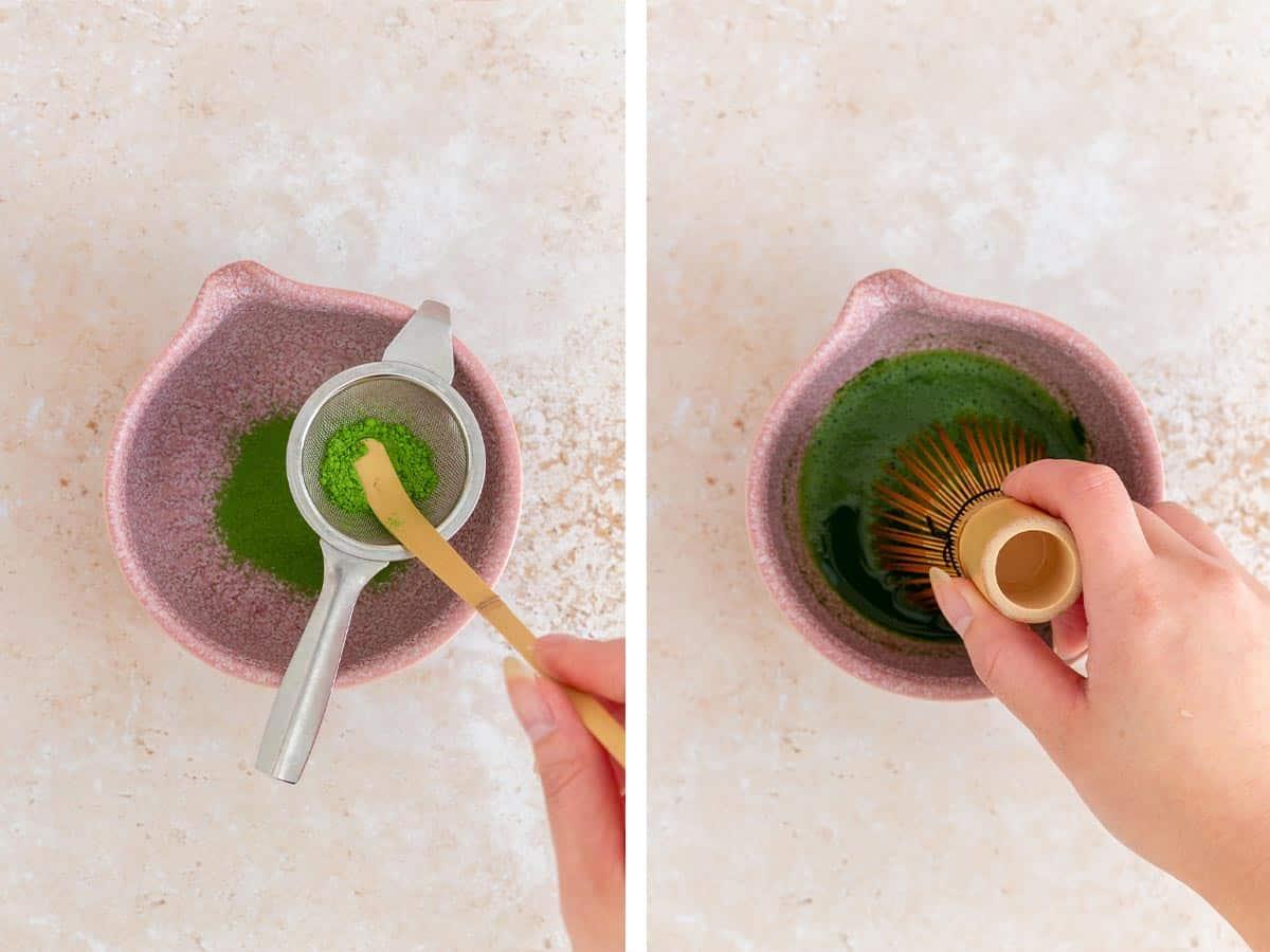 Close-up of matcha powder being sifted into a bowl next to Earl Grey tea bags