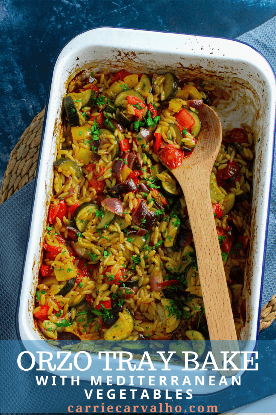 Mediterranean Zucchini and Orzo Bake in a baking dish