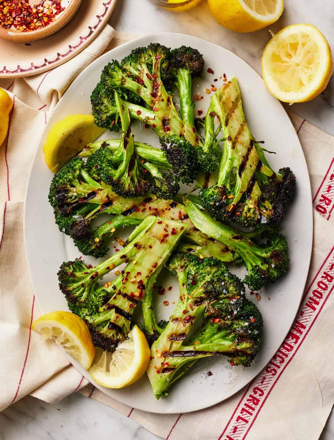 serving plate with grilled broccoli