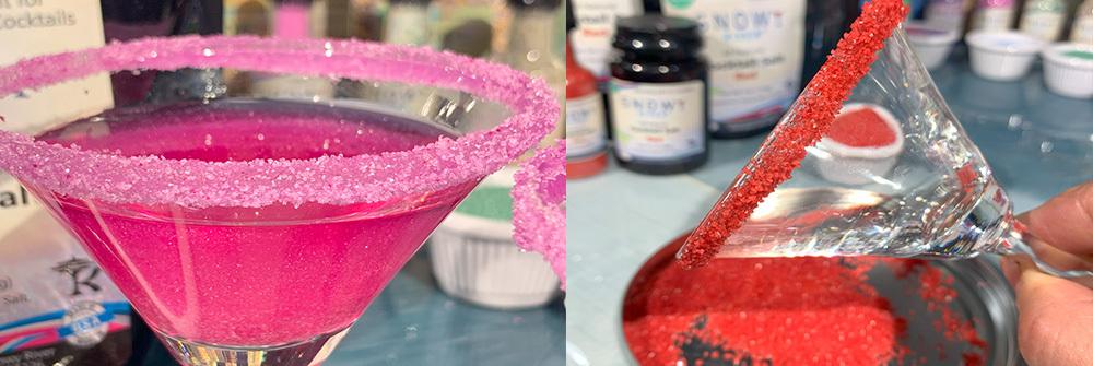 Close-up of a Pink Salt Sunset Refresher cocktail, showing the layered colors and salt rim