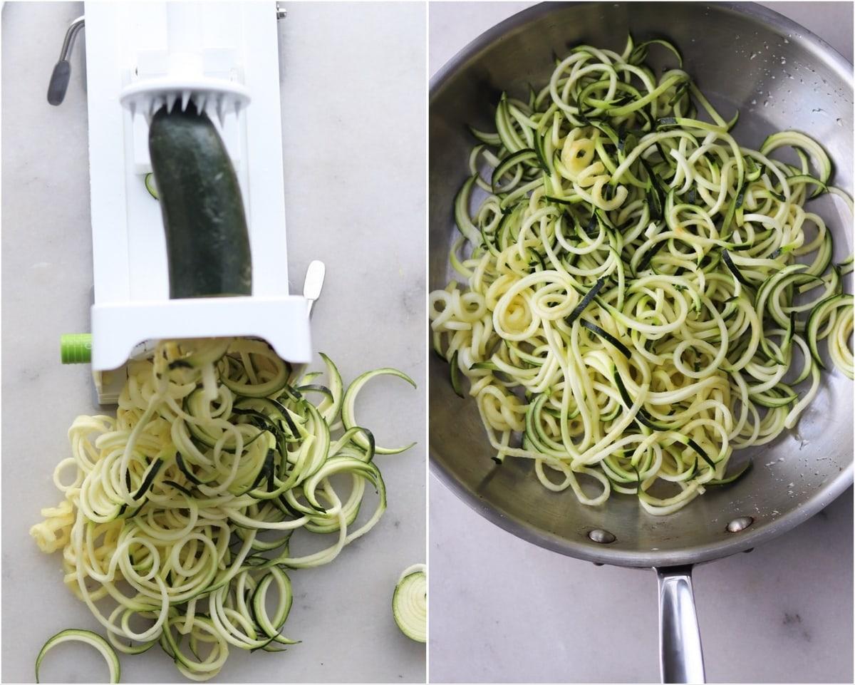 close up of zucchini noodles being spiralized