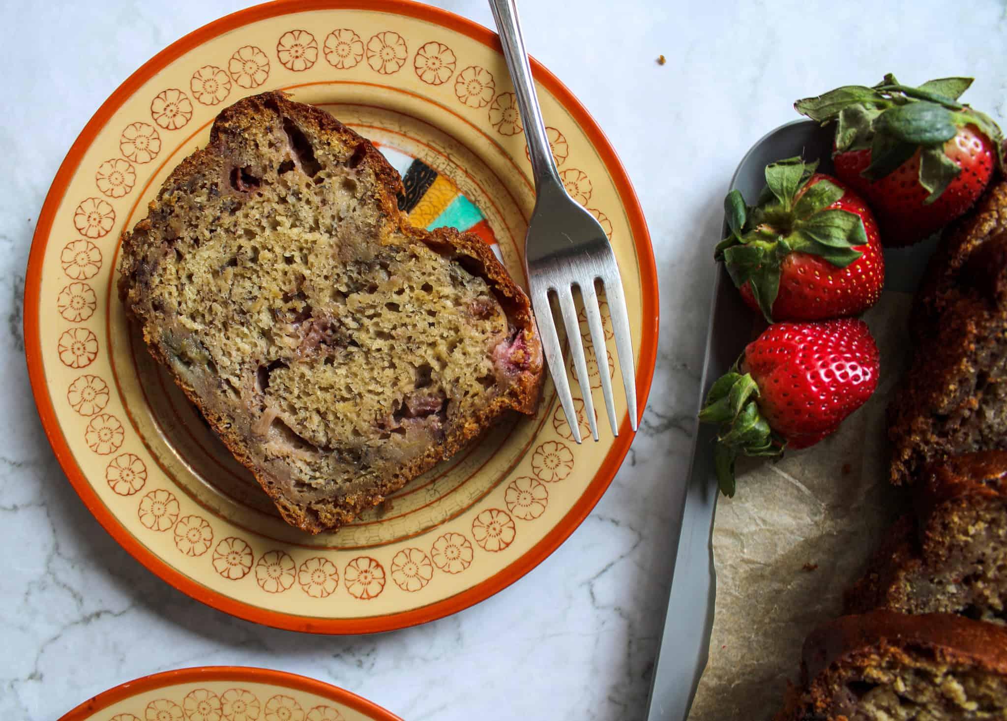 close-up shot of the crumb of rhubarb banana bread
