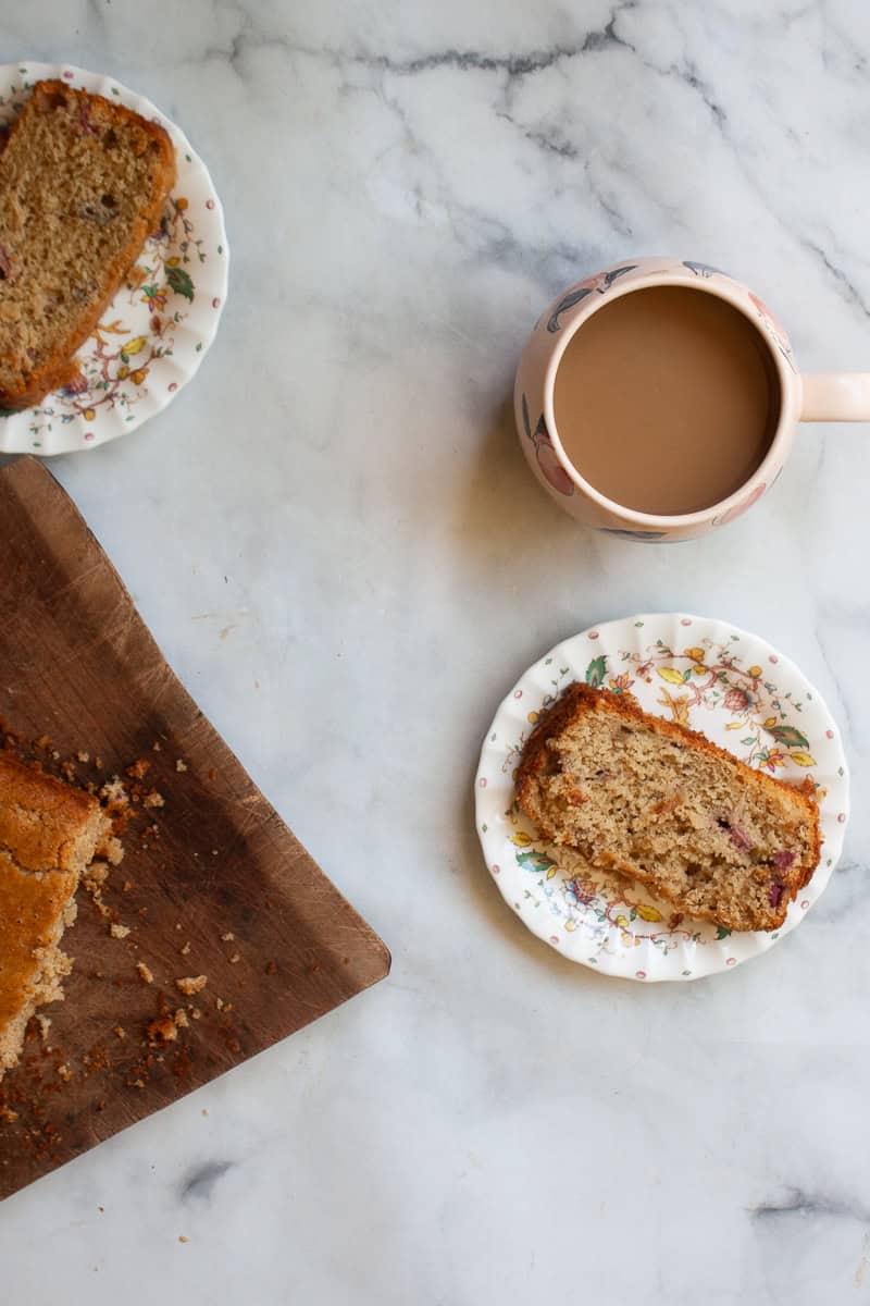 slices of white rice flour rhubarb bread served with coffee