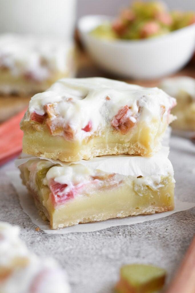 buttery rhubarb custard bars with a flaky crust