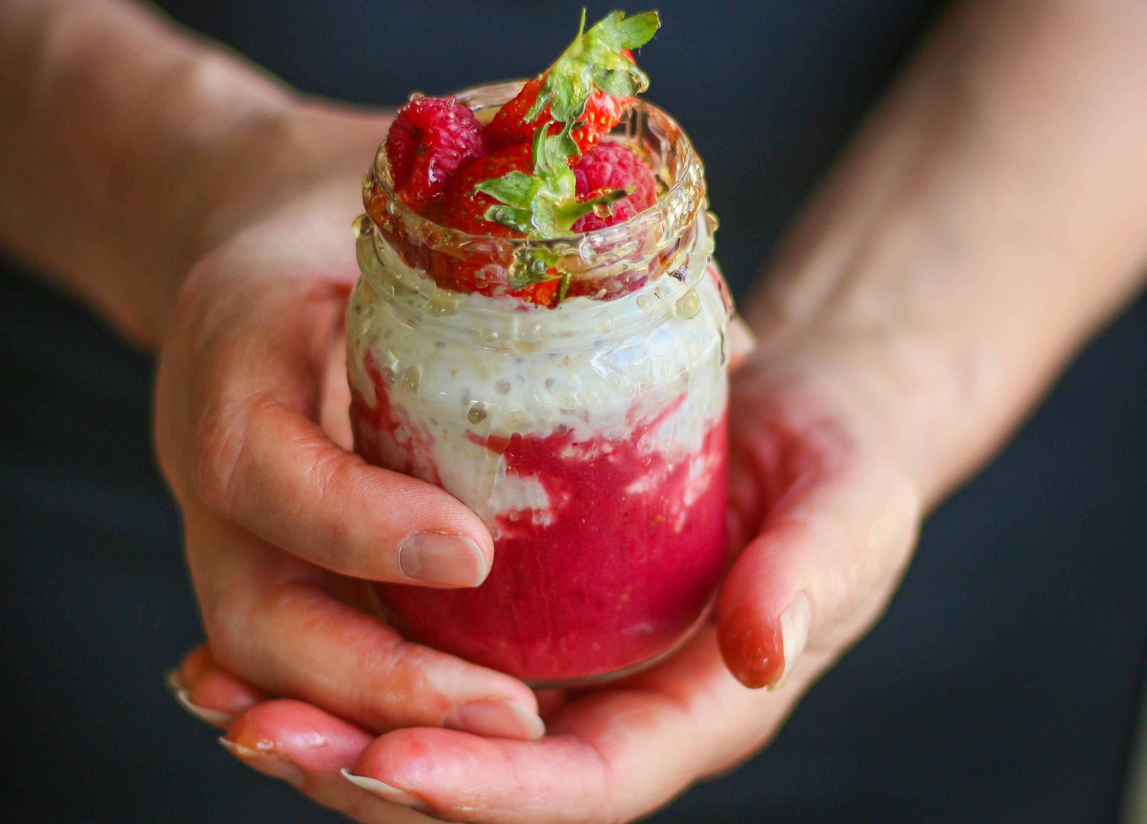 Close-up shot of Strawberry Lemonade Bircher Muesli showing the texture and ingredients