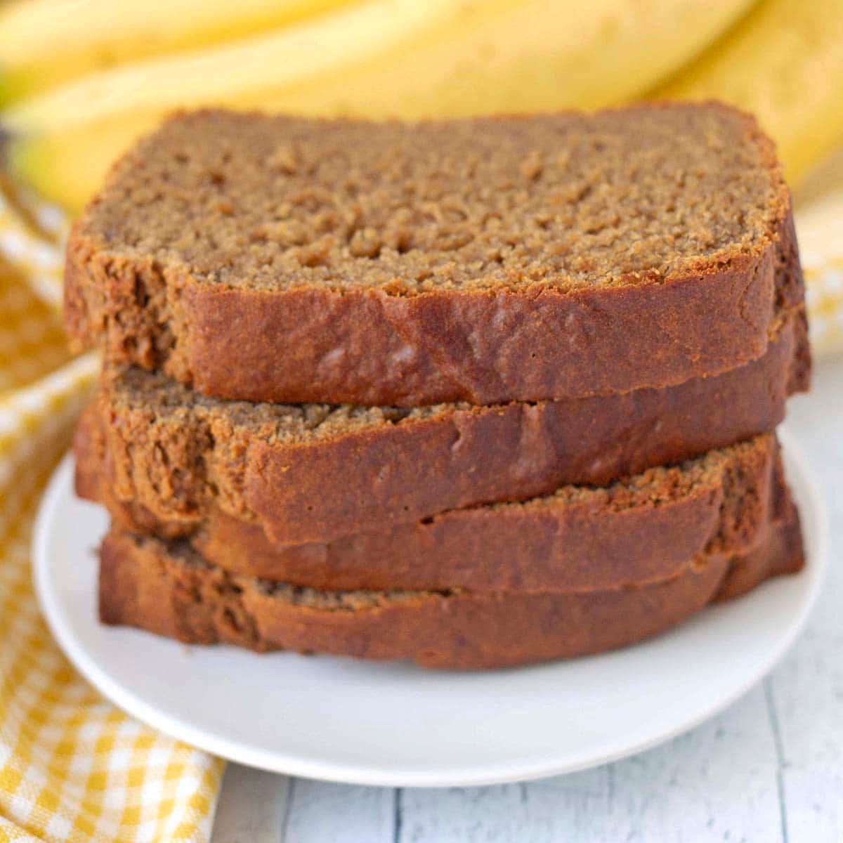 close-up shot of sliced gluten-free banana bread on a plate
