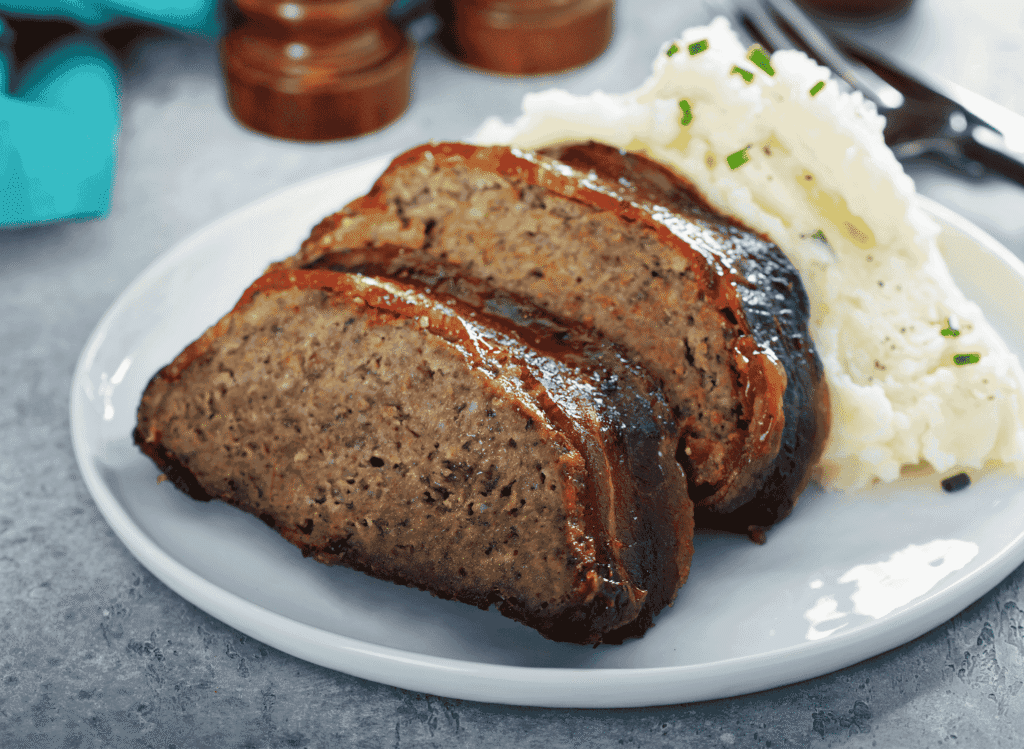 Top-down view of a freshly baked Motown Meatloaf