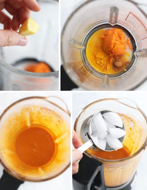 a person blending sweet potato lassi in a blender