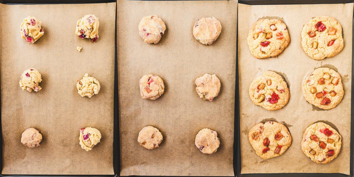 Overhead view of a batch of Rhubarb Mango Salsa Cookies on a baking sheet