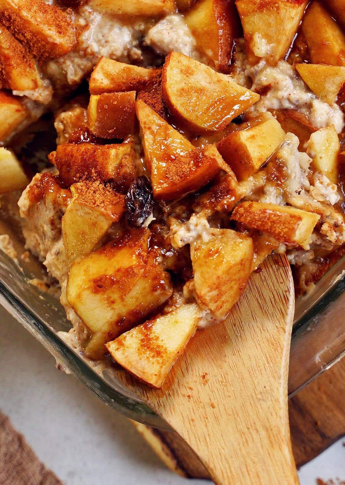 close-up of a single apple cinnamon oatmeal baked apple