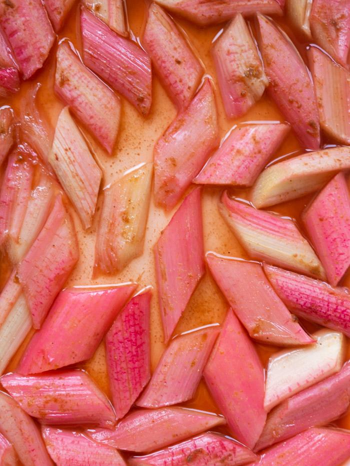 close-up shot of rhubarb stalks and ginger root