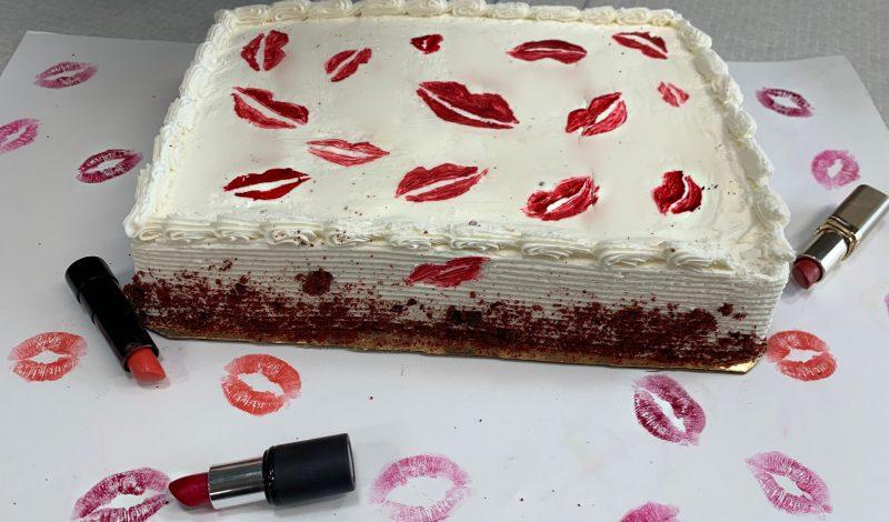 close-up of a slice of Red Velvet Amaretto Kiss Cake