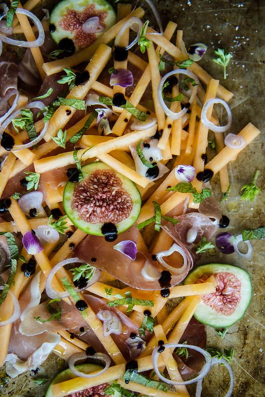 Watermelon Prosciutto Fig Salad beautifully arranged