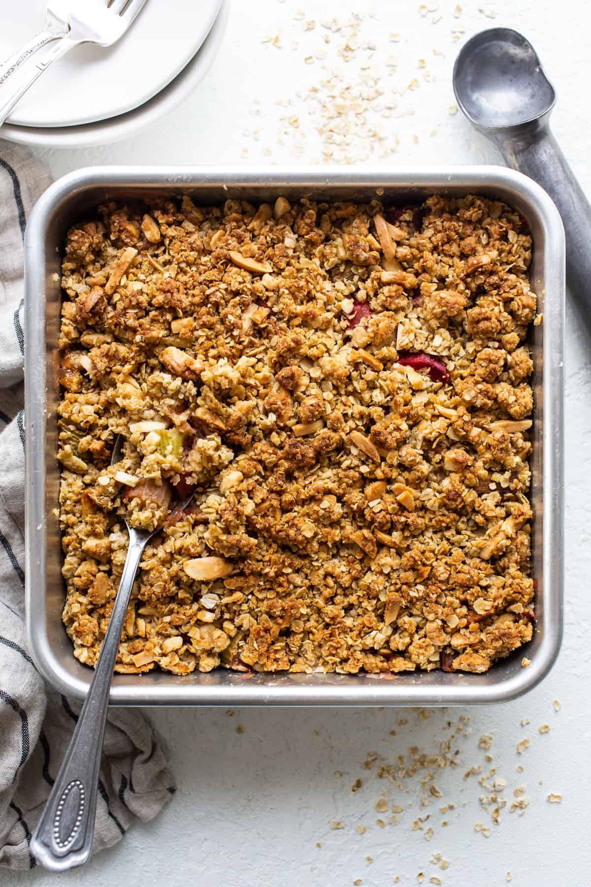 baking dish of honey rhubarb oatmeal crisp fresh out of the oven