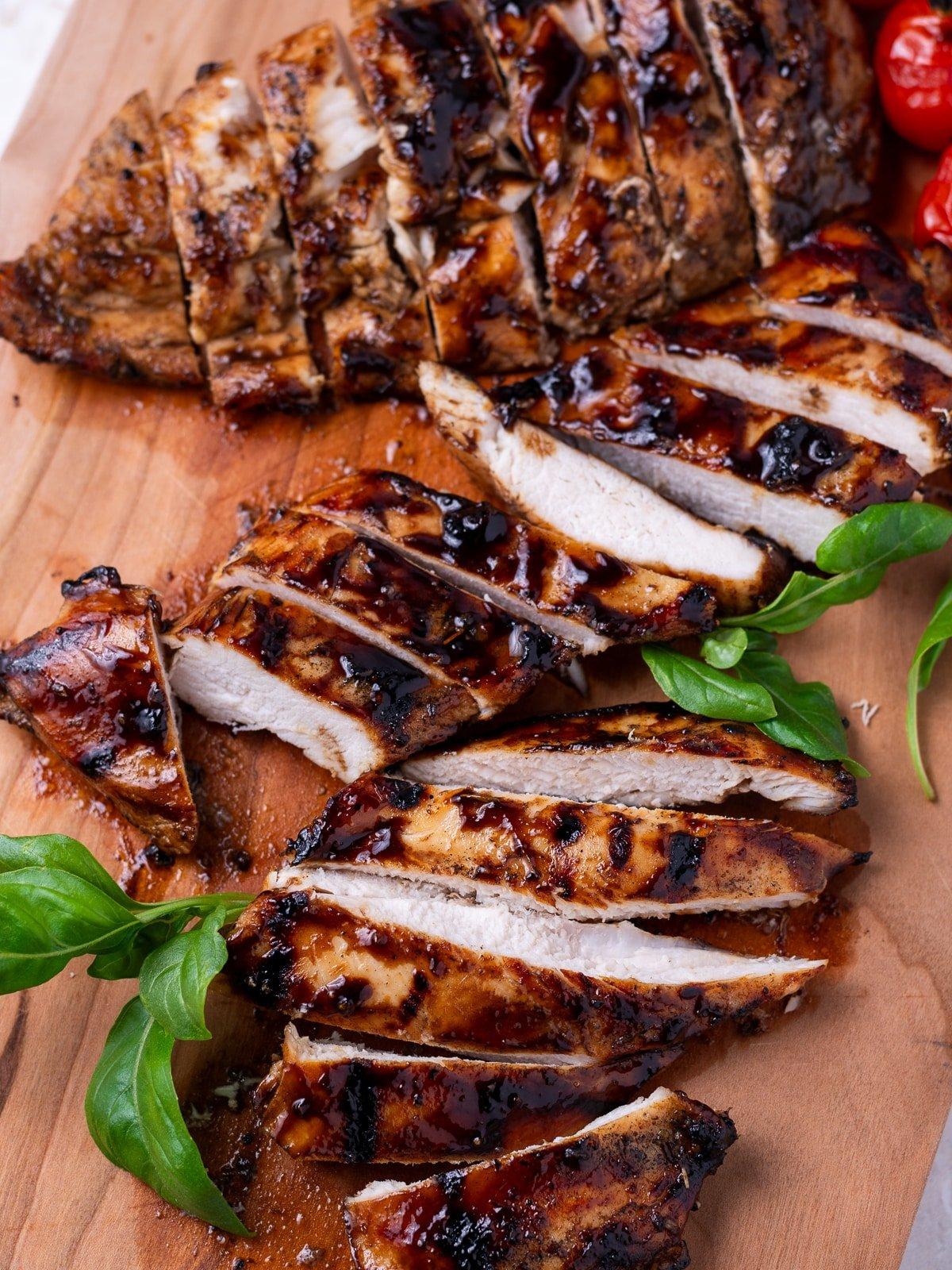 close-up shot of the grilled chicken showing the texture and balsamic glaze