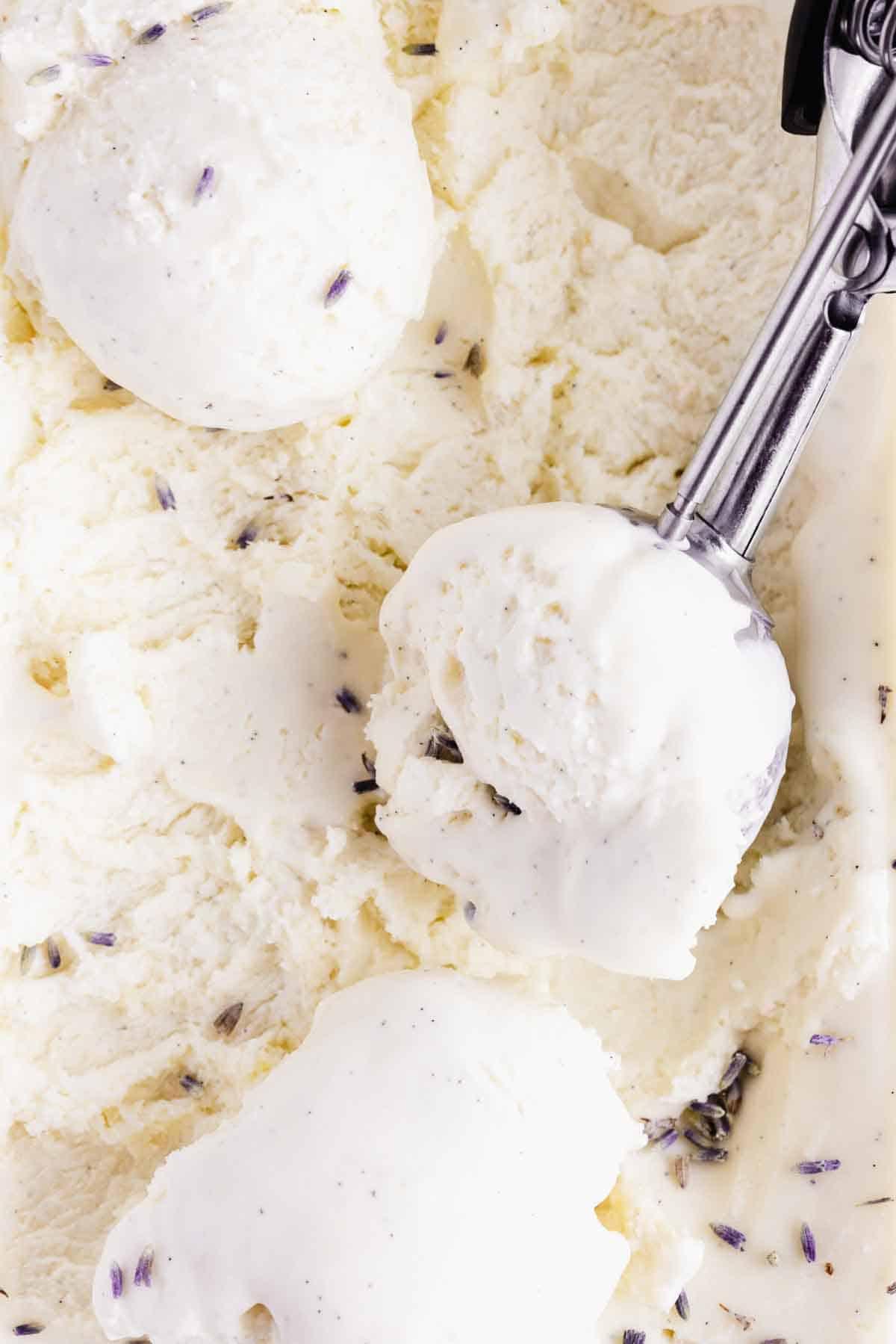 close-up of the creamy texture of vanilla lavender ice cream