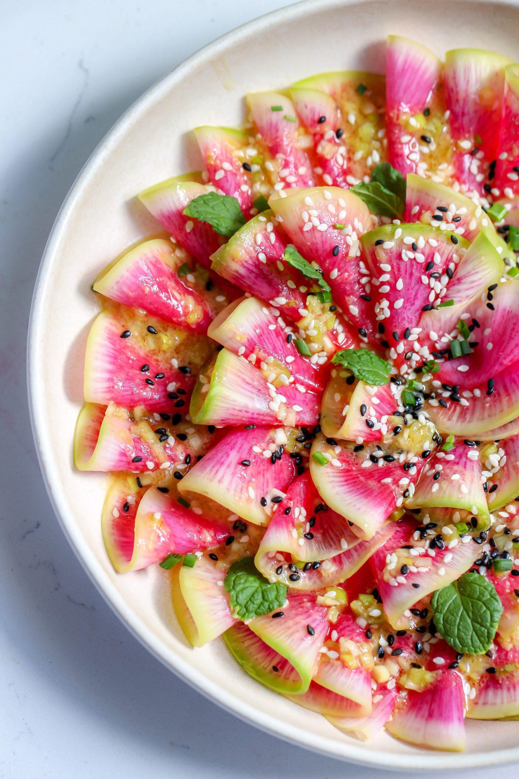 close up of Watermelon Radish Pineapple salad