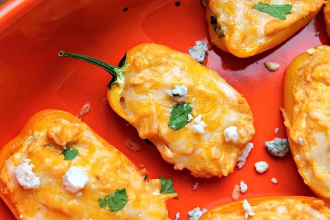 close-up shot of the finished buffalo cauliflower stuffed peppers