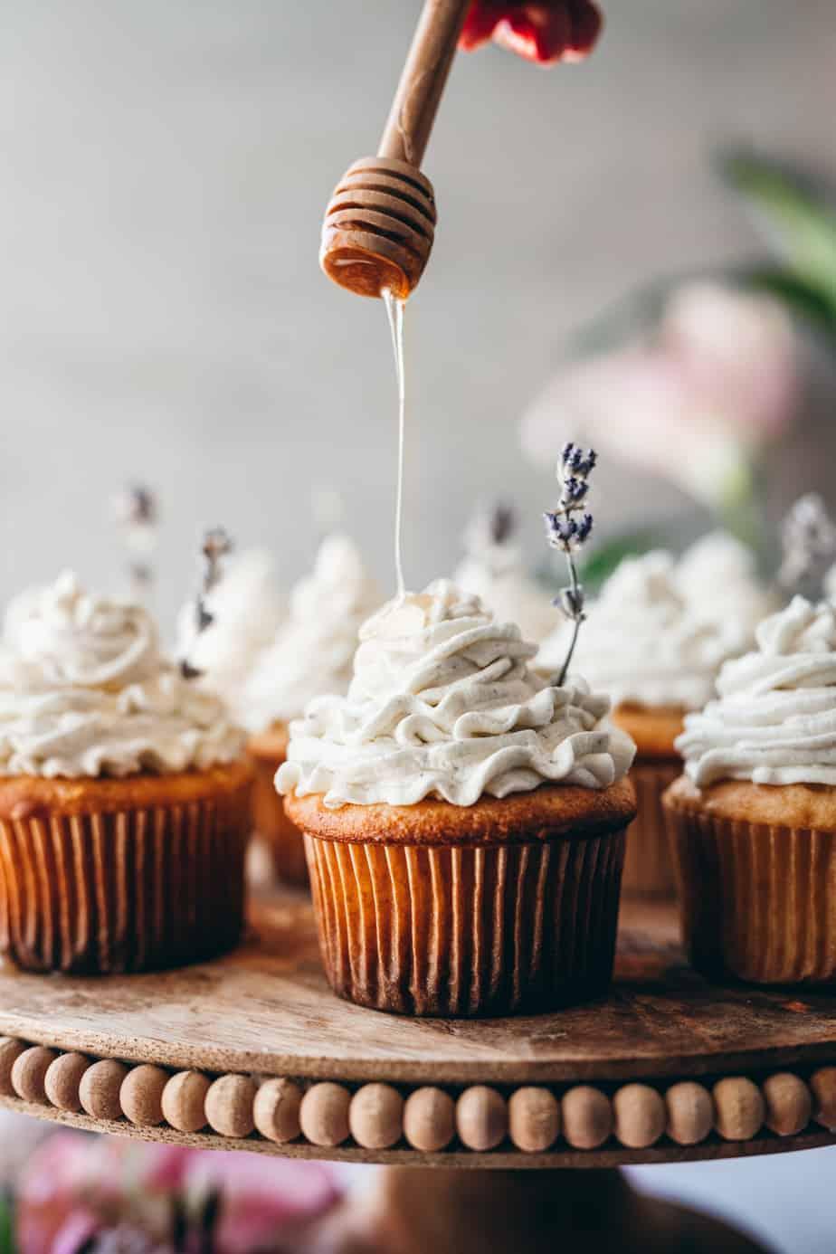 honey lavender mini-cupcakes on a rustic wooden table