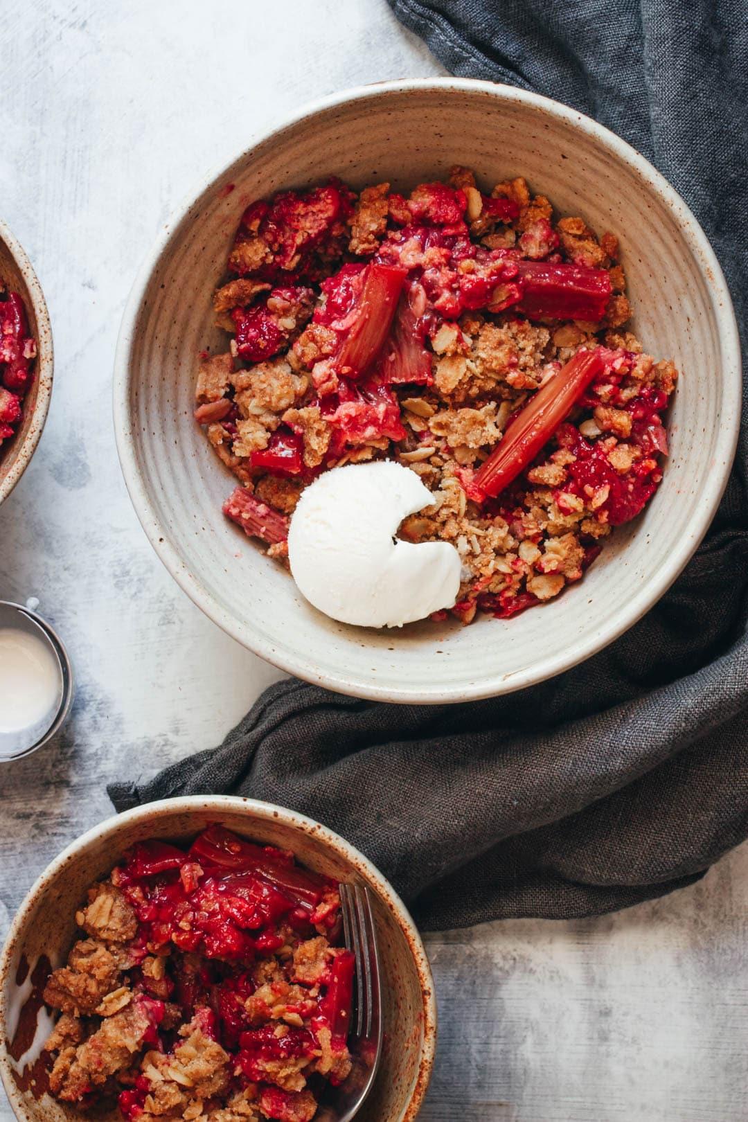 rhubarb crumble with a cup of espresso on the side
