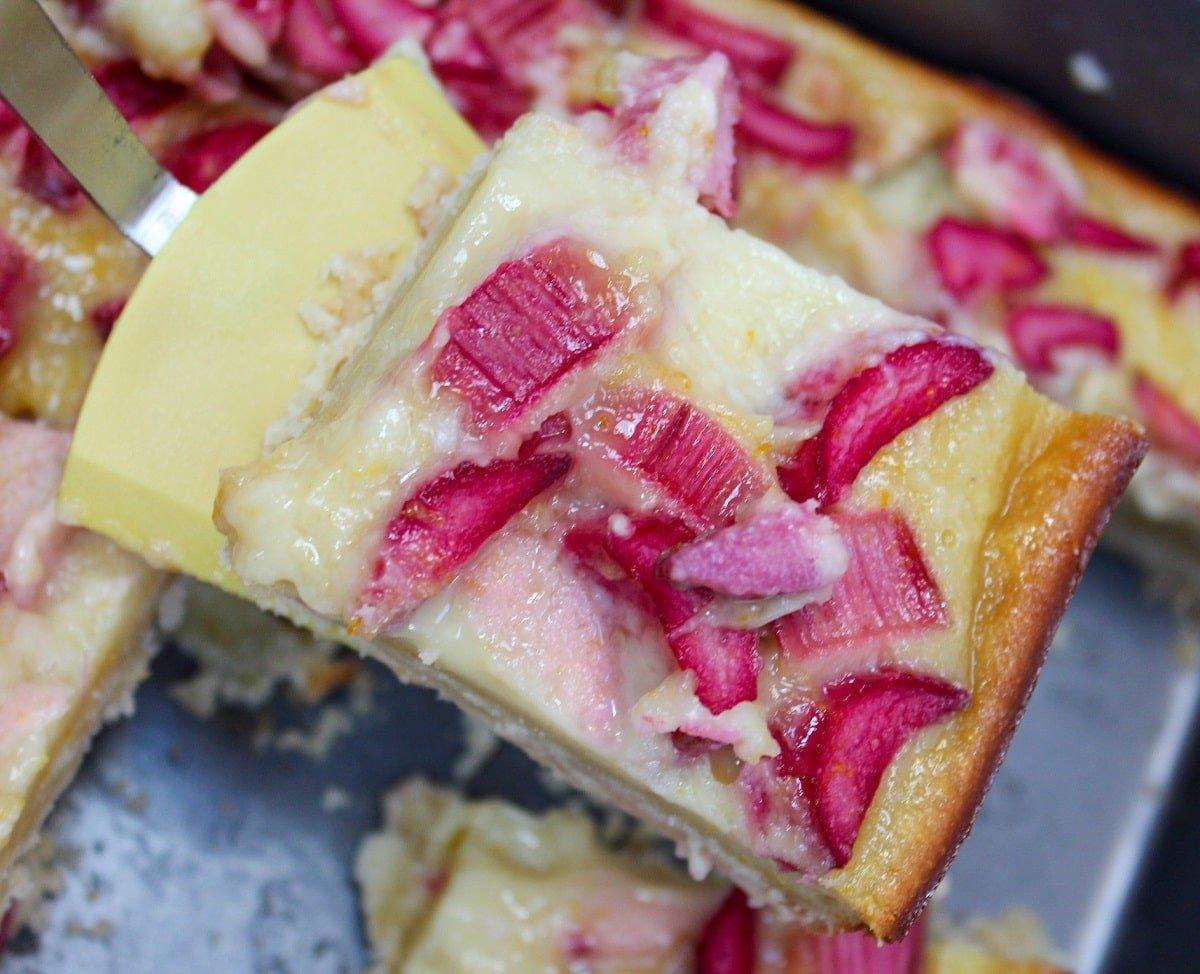Overhead shot of a pan of Coconut Rhubarb Custard Bars, sliced and ready to serve