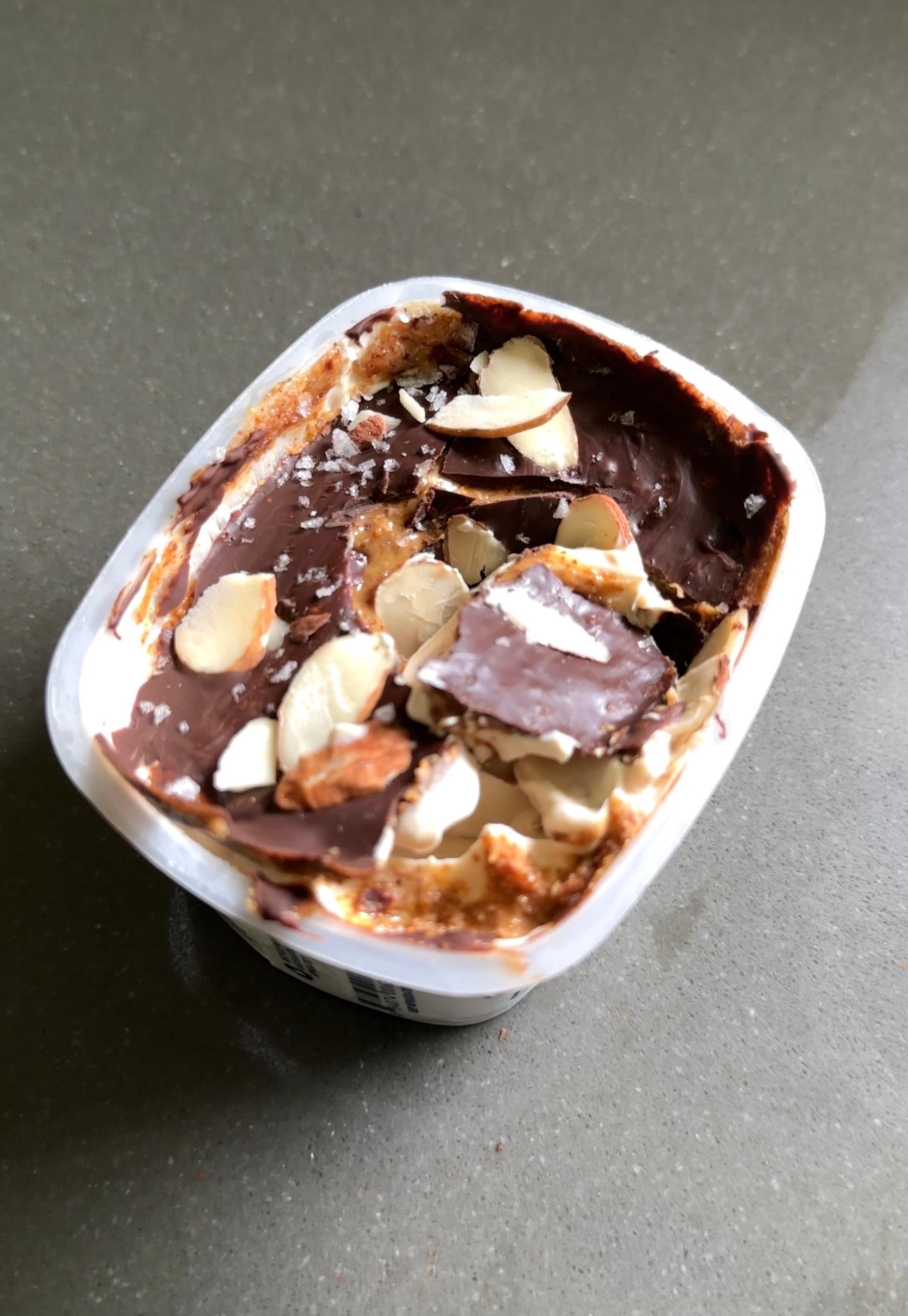 ingredients for mocha almond fudge yogurt parfait laid out on a counter