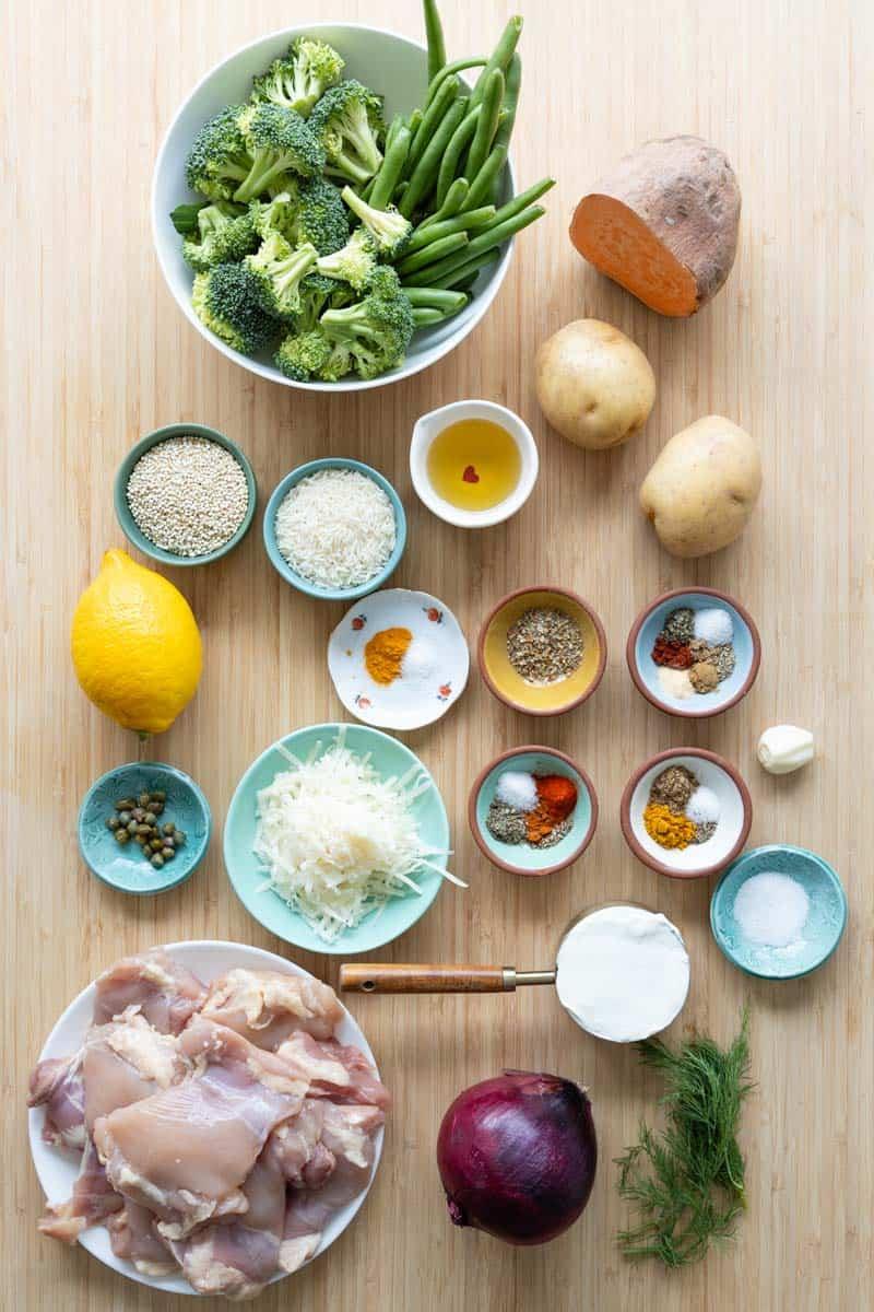 ingredients for a quick healthy dinner laid out on a kitchen counter