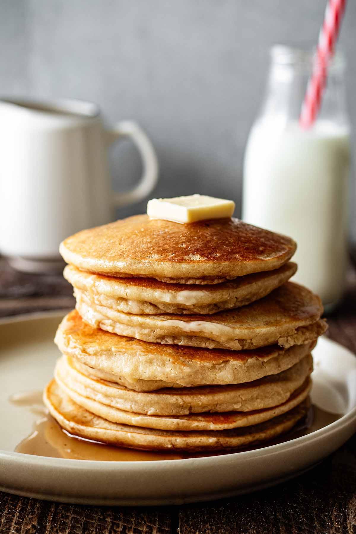 overhead shot of stacked cassava coconut gluten-free pancakes