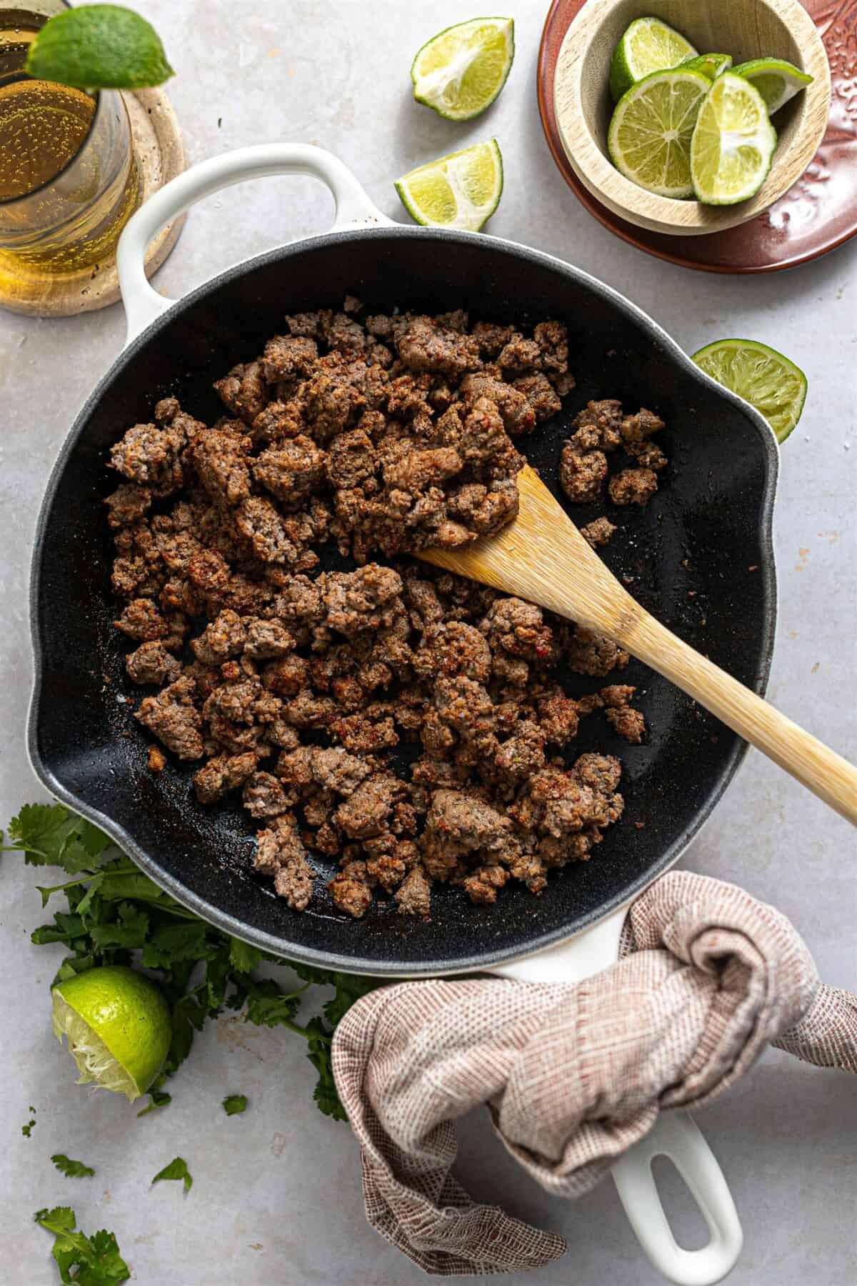 close-up shot of chipotle-lime ground beef in a skillet, ready to be used for tacos