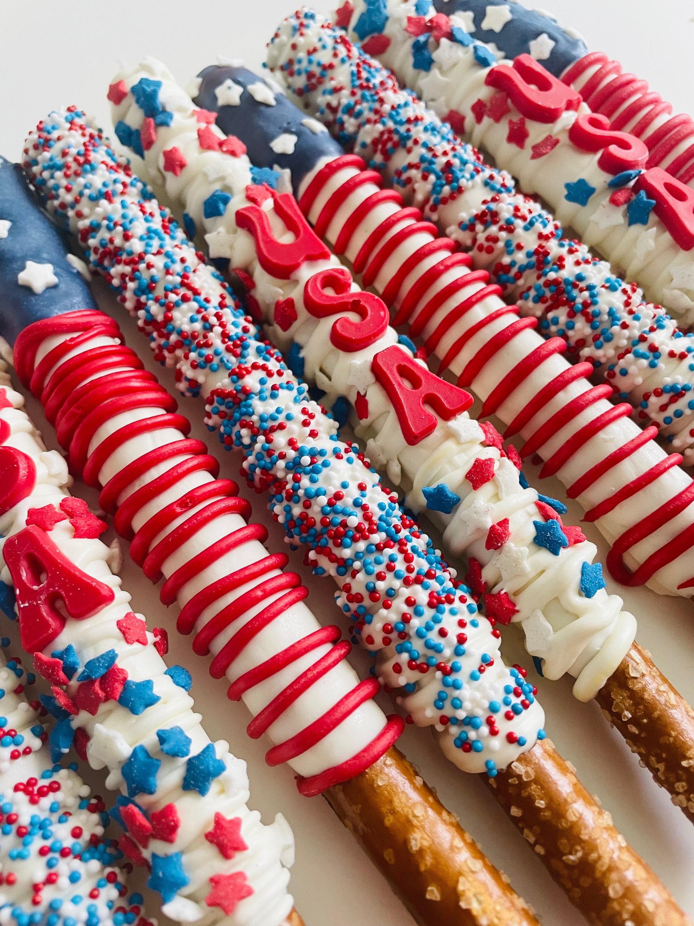 patriotic pretzel rods decorated with red white and blue sprinkles