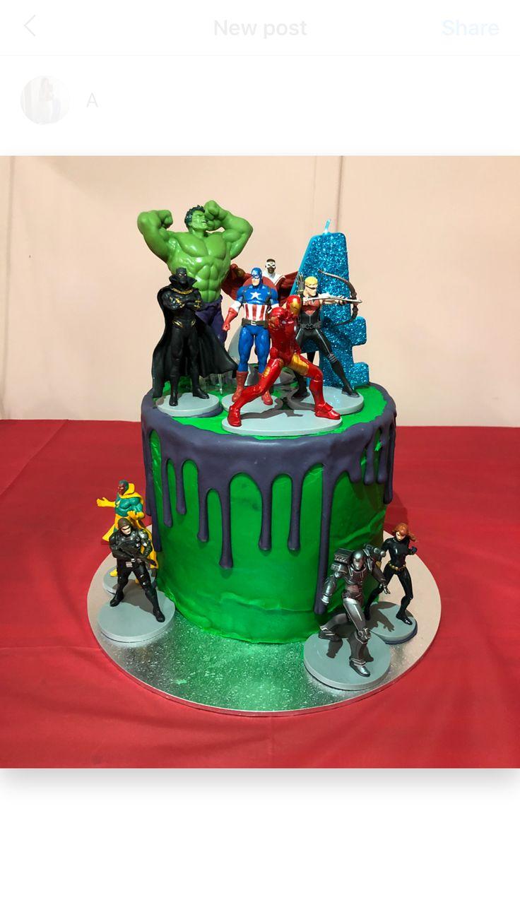 vanilla birthday cake decorated with superhero figurines